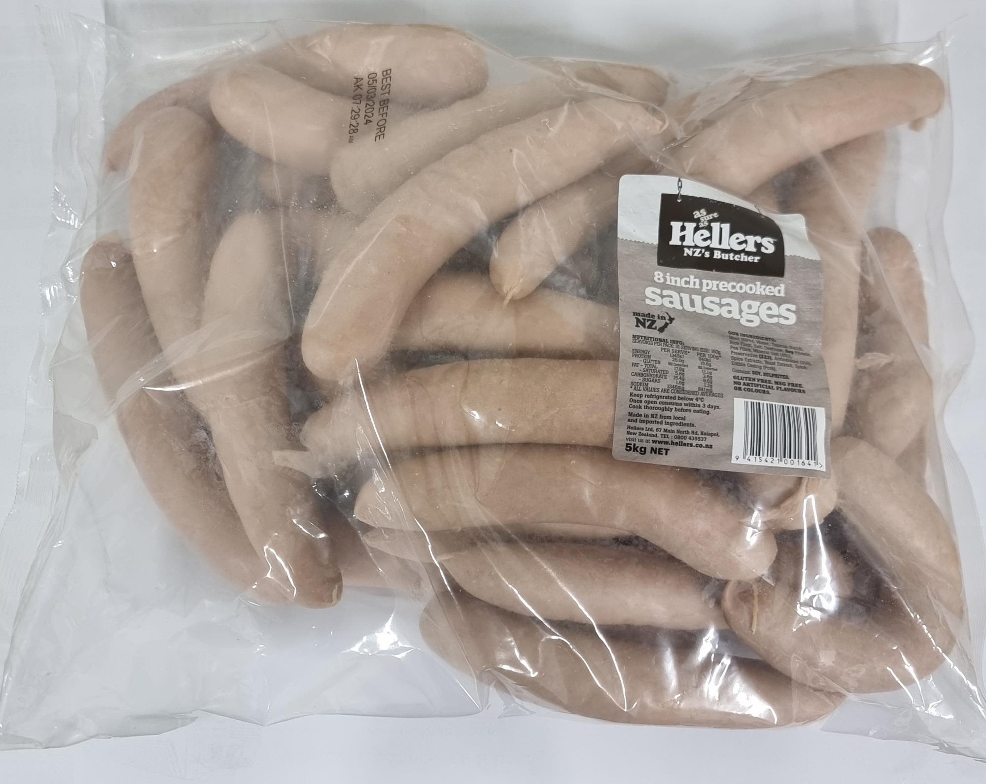 HELLERS SAUSAGE PRECOOKED 8" GF 5KG Klassic Distribution